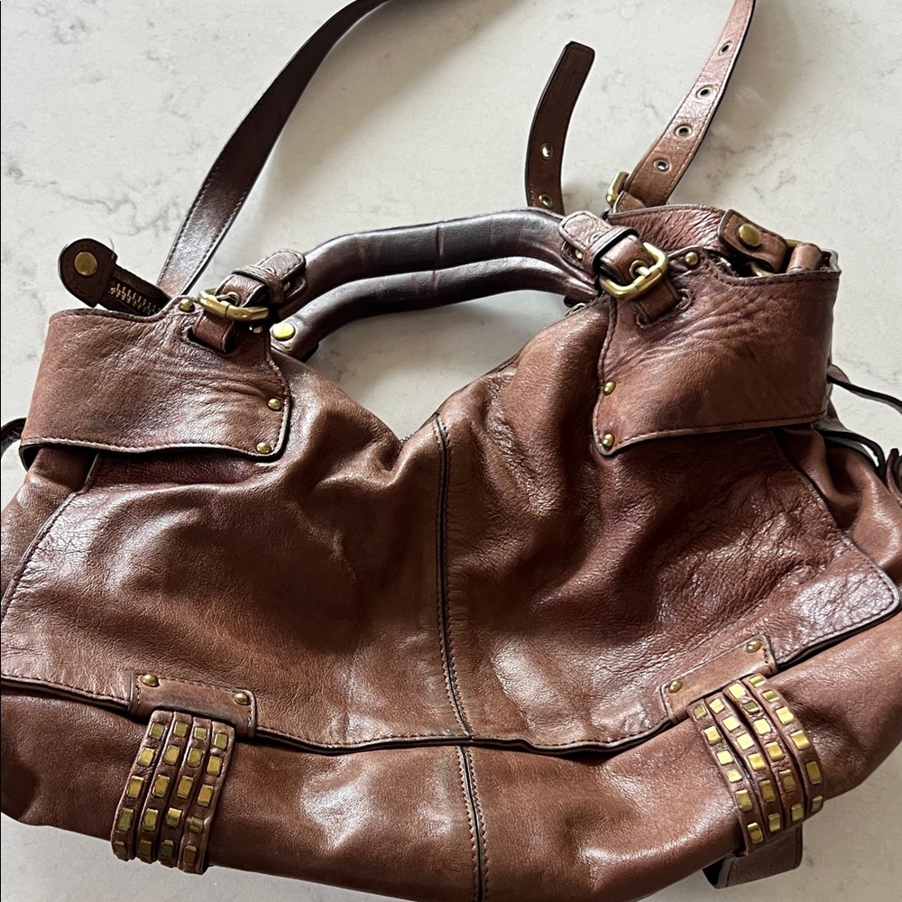Kooba Brown Leather Shoulder Bag with Gold Accents Preowned